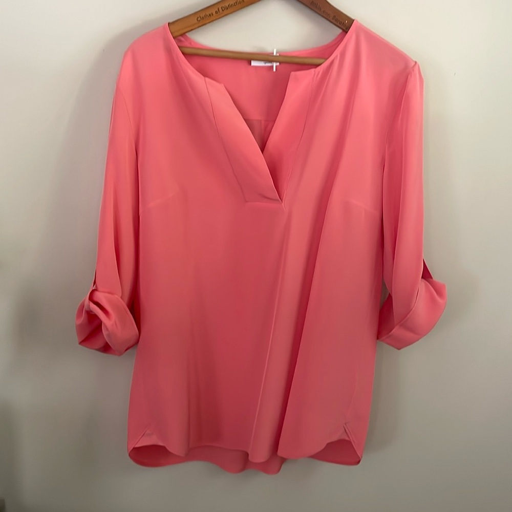 Akris Punto Split-Neck 3/4-Sleeve 100% Silk Blouse Tunic In Corral Size 8